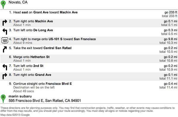 Marin Subaru Directions from Novato, CA Marin Subaru Directions from Novato, CA