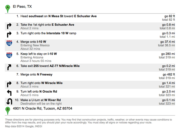 Driving Directions to Tucson Subaru from El Paso, TX Driving Directions to Tucson Subaru from El Paso, TX